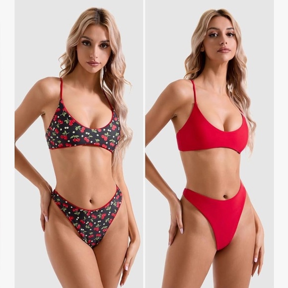 Women’s Cherry Red Thong Bikini Set Reversible String 2 Piece Swimsuit Sz Medium - Picture 1 of 6